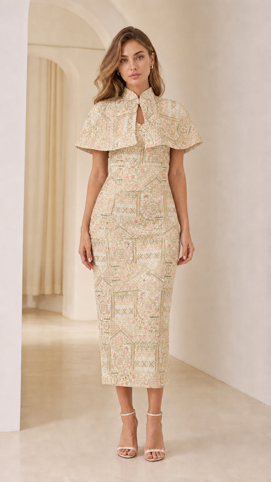 Front view of model wearing Champagne gold embroidered jacquard capelet midi dress