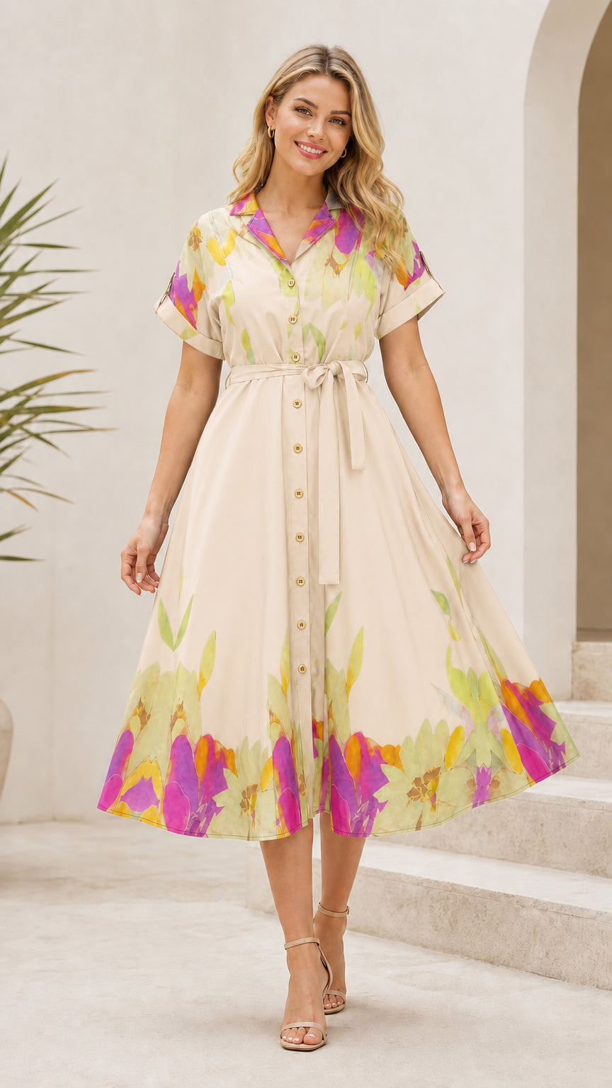 Beige cream short-sleeve midi shirt dress with botanical hem print