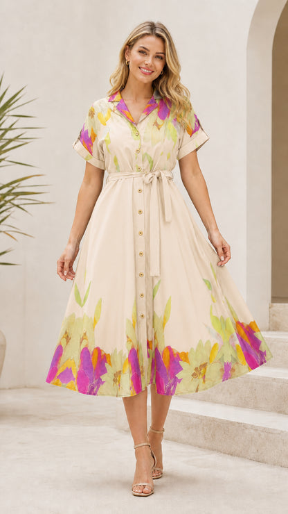 Beige cream short-sleeve midi shirt dress with botanical hem print