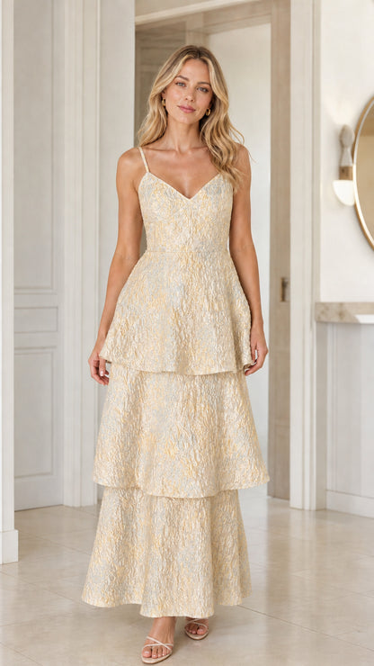 Front view of model wearing Champagne Tiered Jacquard Maxi Dress