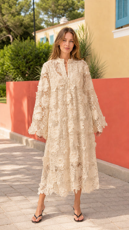 Front view of woman wearing beige floral lace midi dress