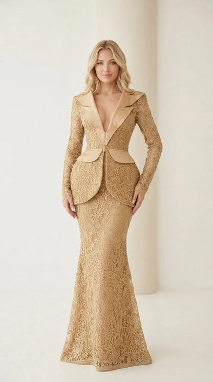 Full view of the gold lace evening gown with satin lapels