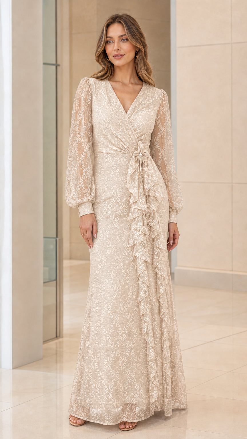 Front view of champagne lace long-sleeve maxi dress