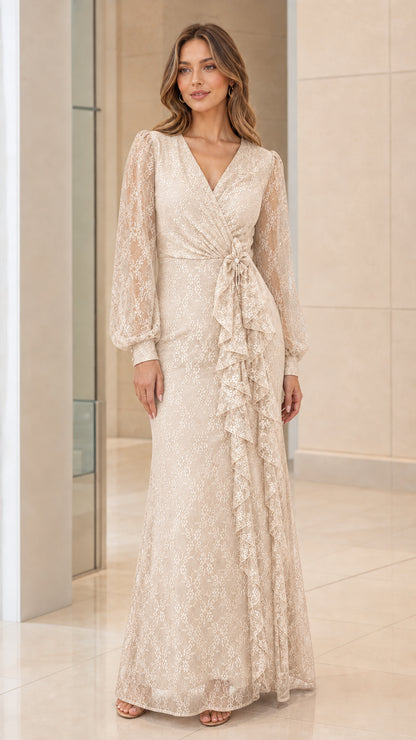 Front view of champagne lace long-sleeve maxi dress
