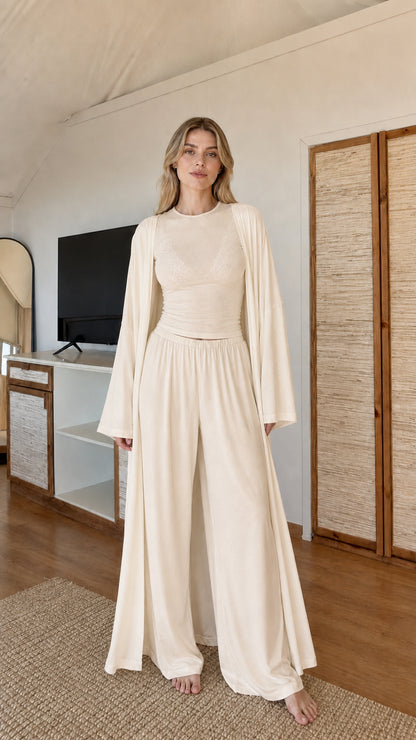 Front view of model wearing Beige cream 3-piece elegant knit lounge set