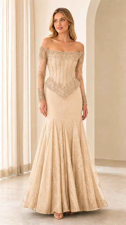 Front view of champagne evening gown