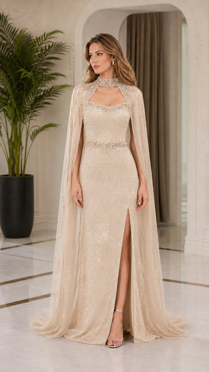Champagne gold sequin evening dress with flowing cape and high neck