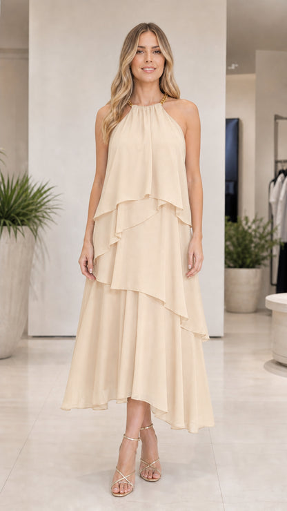 Ivory tiered halter midi dress shown from the front