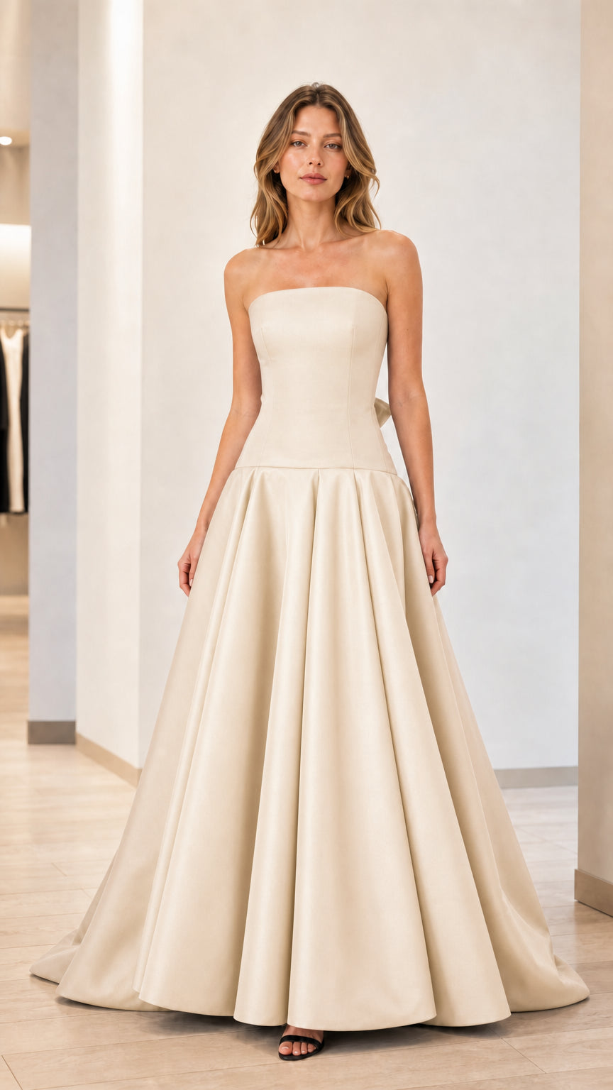 Champagne color variant of strapless evening gown
