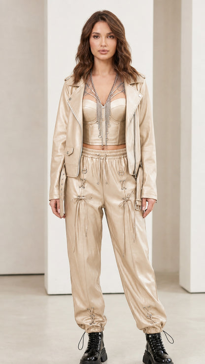 Model wearing champagne faux leather matching set