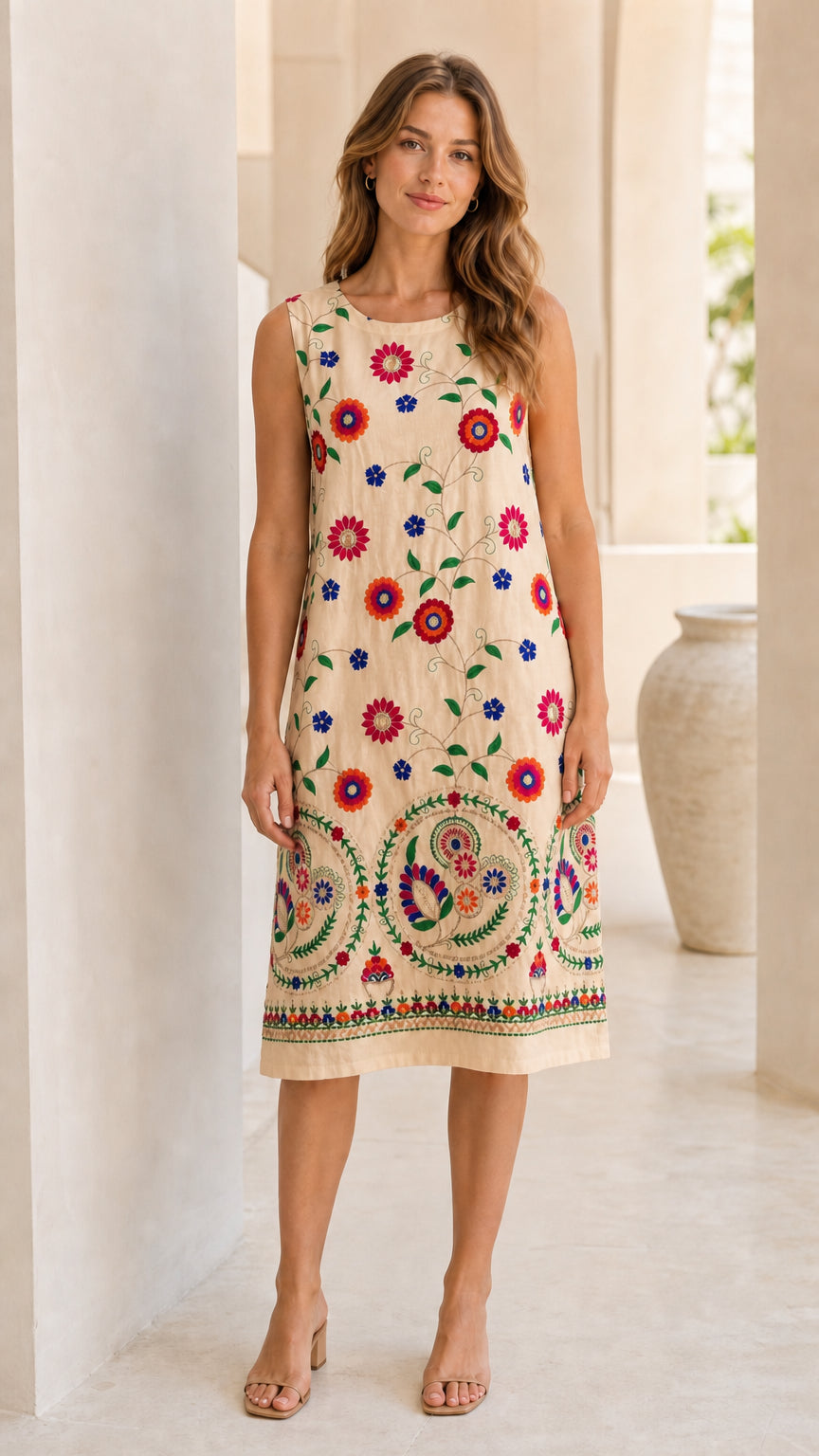 Front view of woman wearing beige sleeveless floral embroidered shift dress