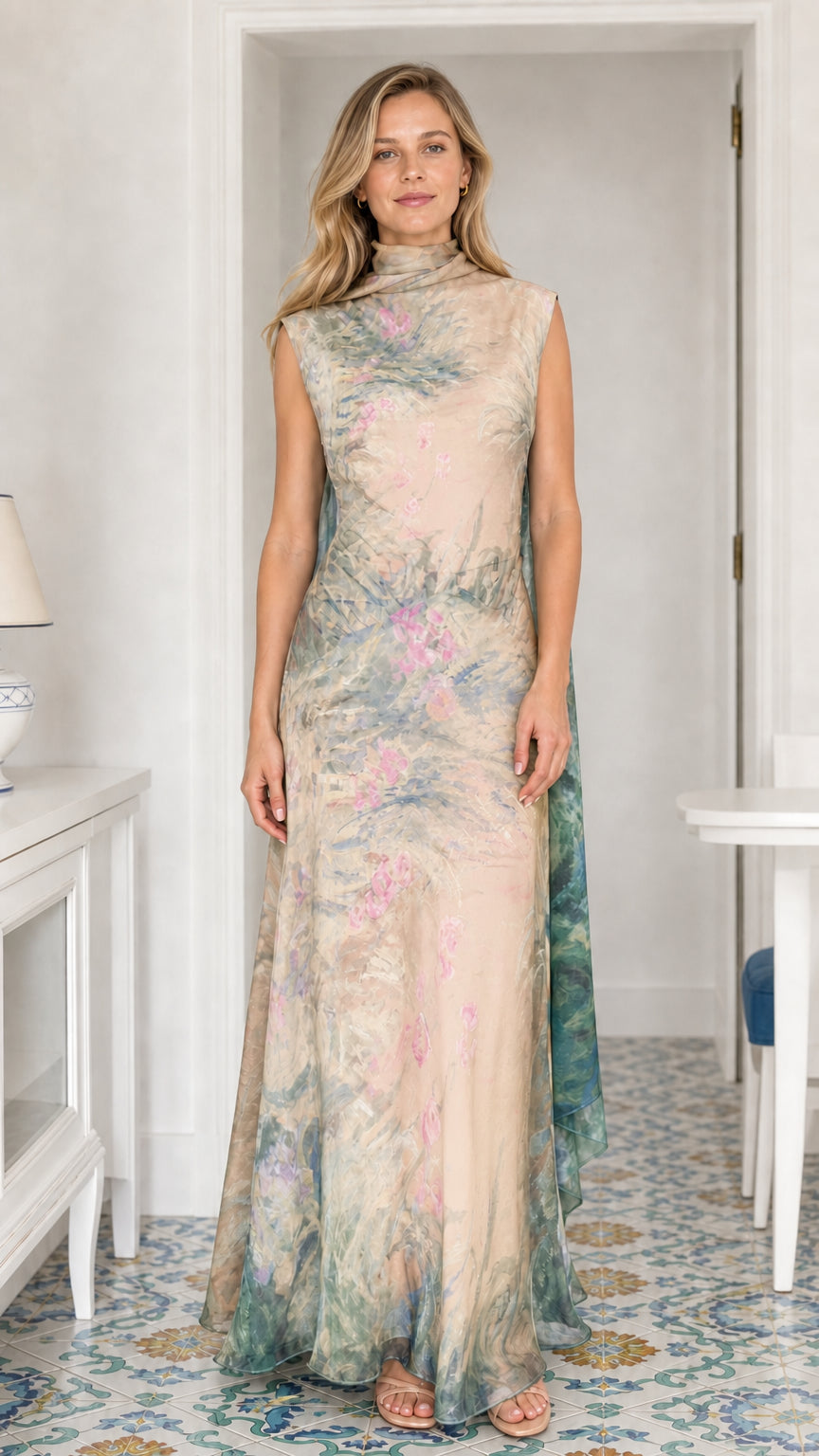 Model wearing beige printed cowl neck maxi dress