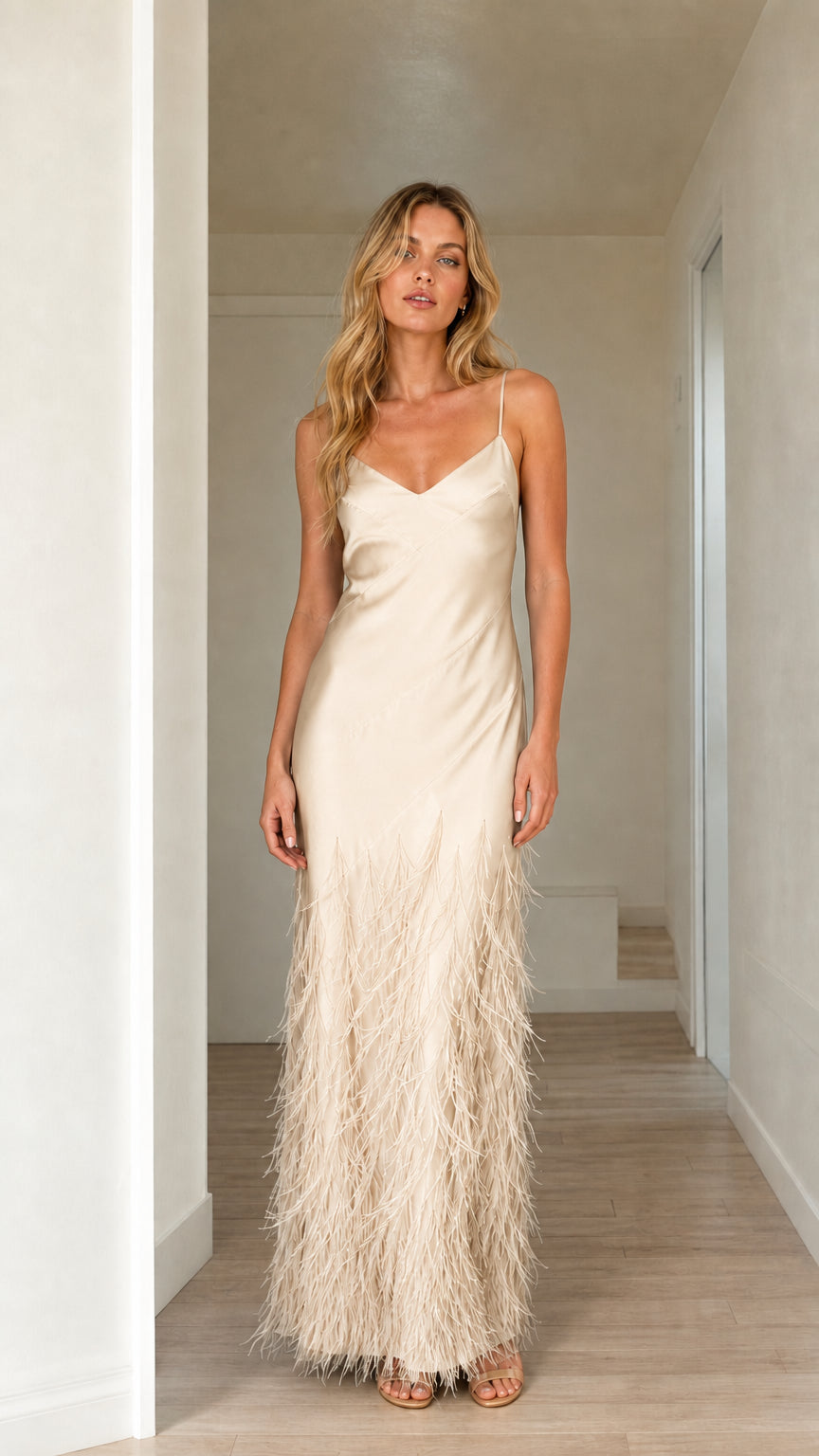 Woman wearing champagne satin feather trim maxi slip dress