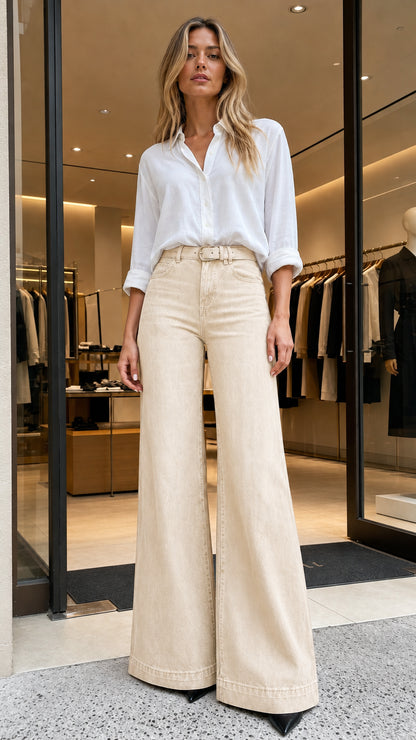 Full-length view of woman wearing beige washed wide-leg jeans