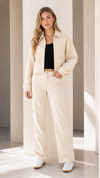 Model wearing cream co-ord set