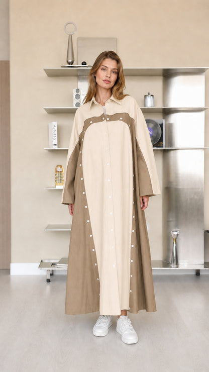 Front view of woman wearing cream beige and khaki colorblock maxi shirt dress