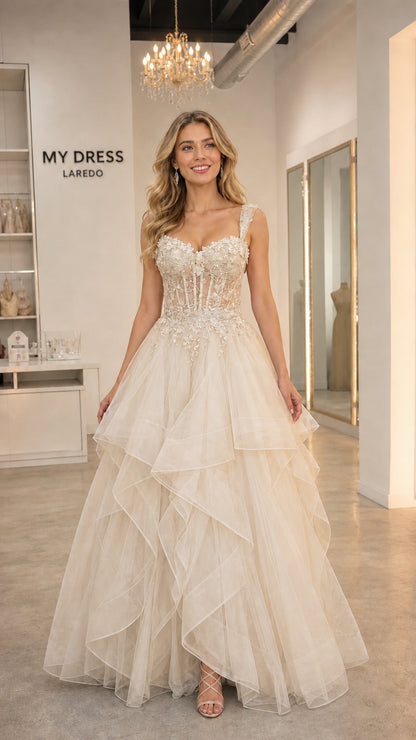 Front view of champagne tulle ball gown