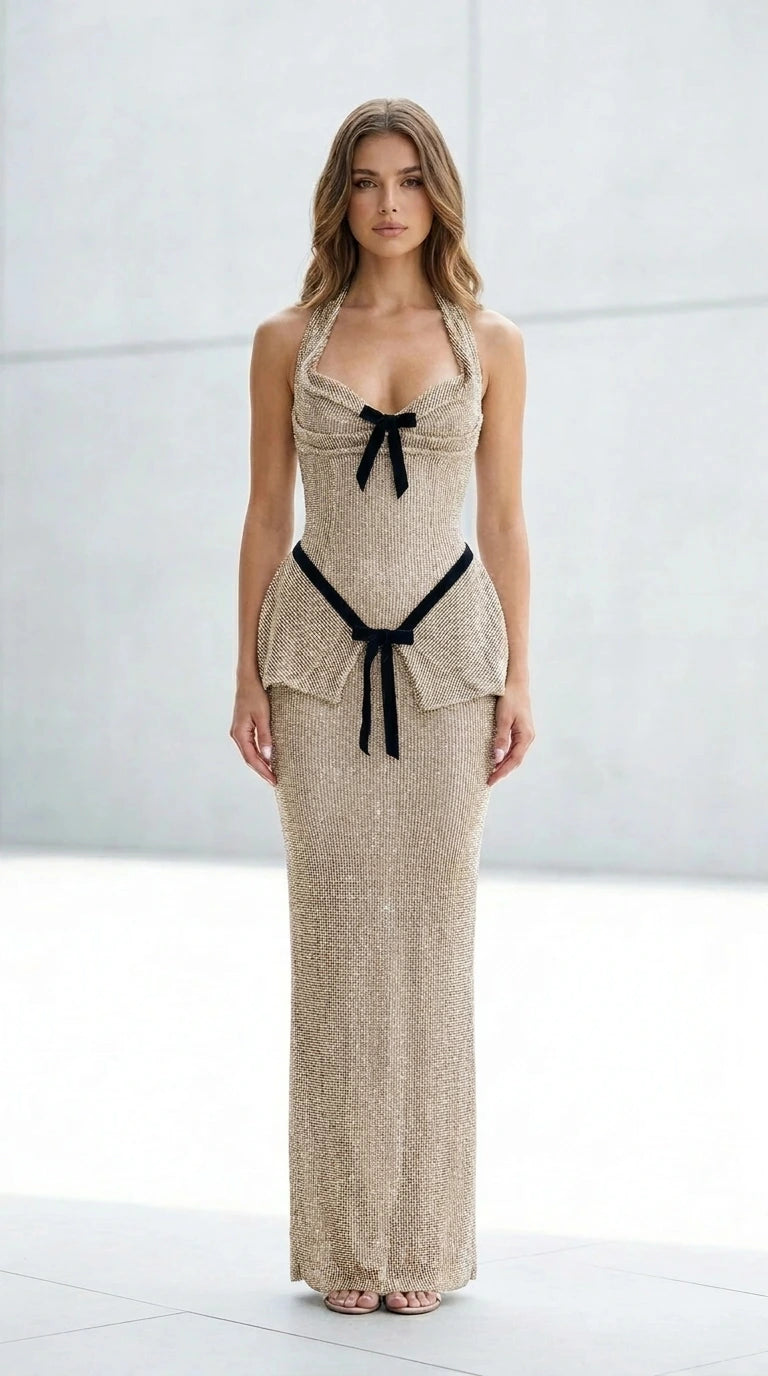 Front view of gold glitter halter maxi dress