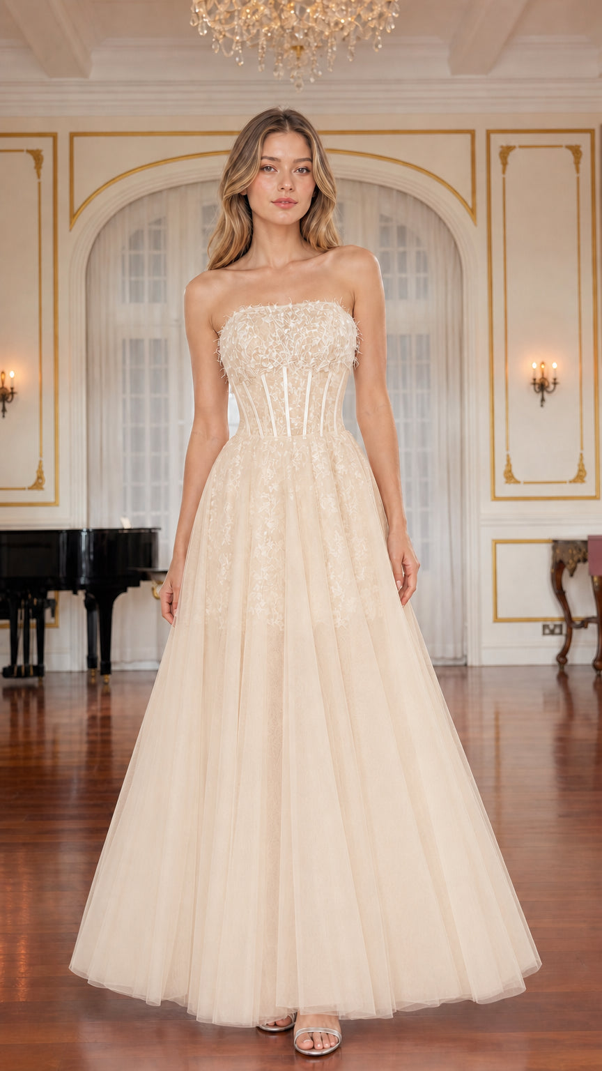 Model wearing champagne ivory strapless corset A-line formal gown