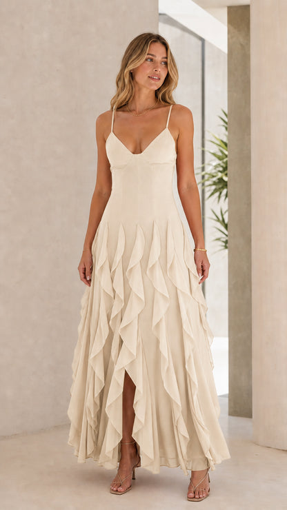 Model wearing Champagne ruffle chiffon maxi dress
