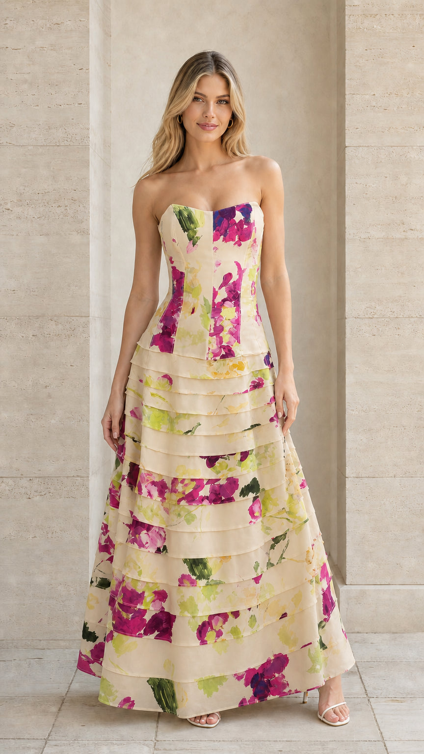 Model wearing champagne floral strapless tiered maxi gown