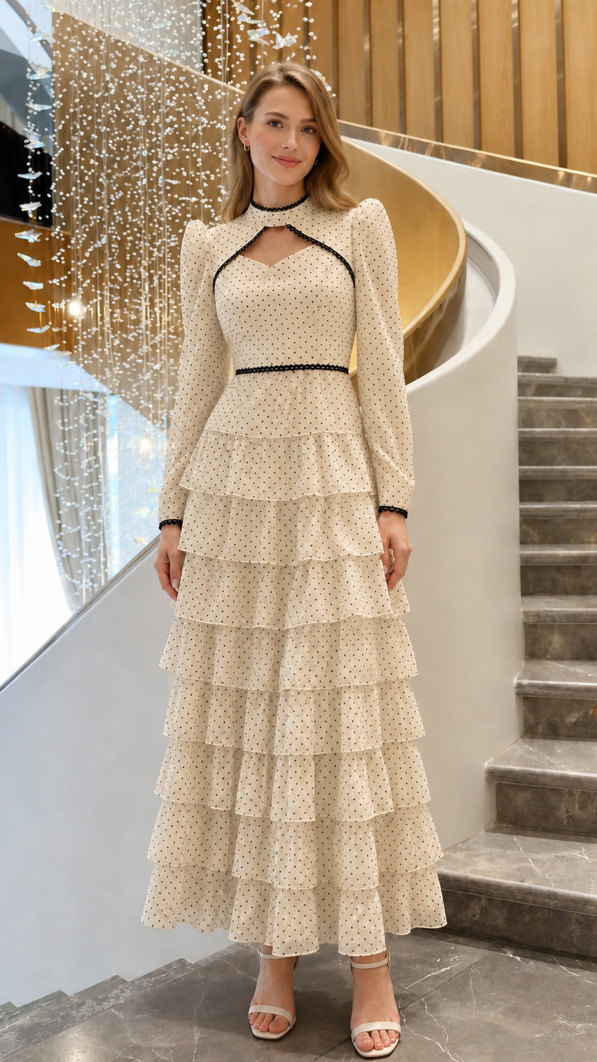 Cream beige polka dot tiered long sleeve maxi dress with black lace trim