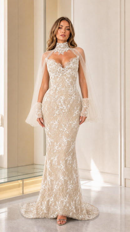 Champagne color variant of beaded lace mermaid evening dress