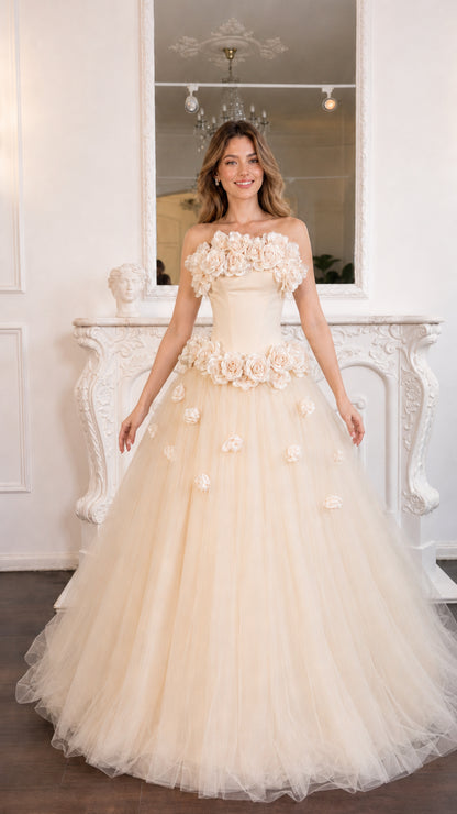 Model wearing the champagne color variant with floral details
