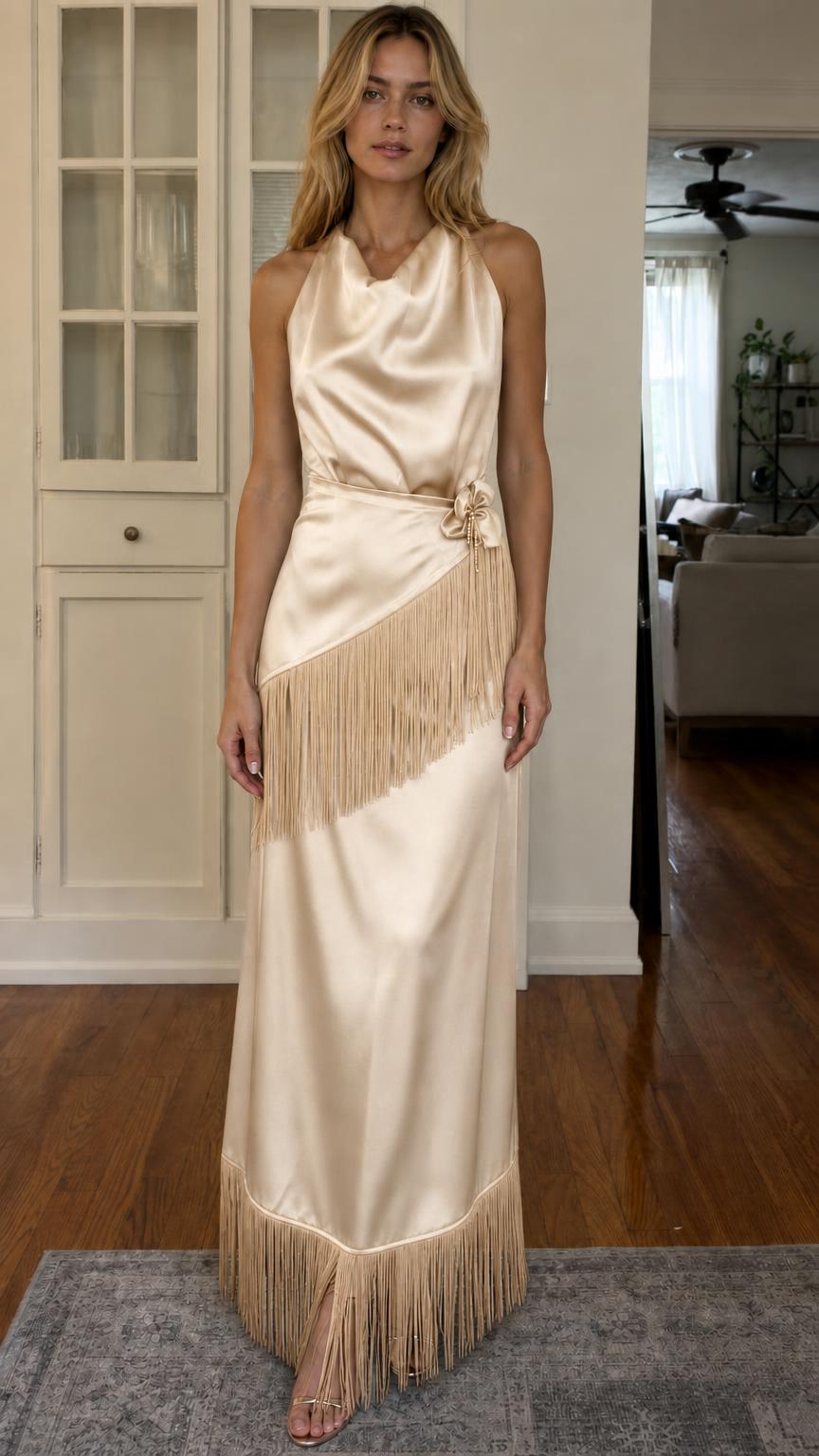 Front view of champagne satin halter maxi dress