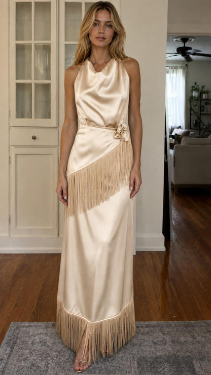 Front view of champagne satin halter maxi dress