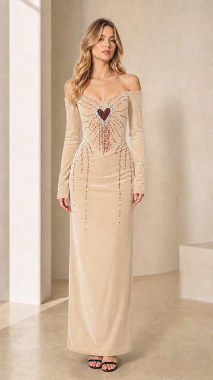 Champagne beige off-the-shoulder velvet maxi dress with crystal heart embellishment