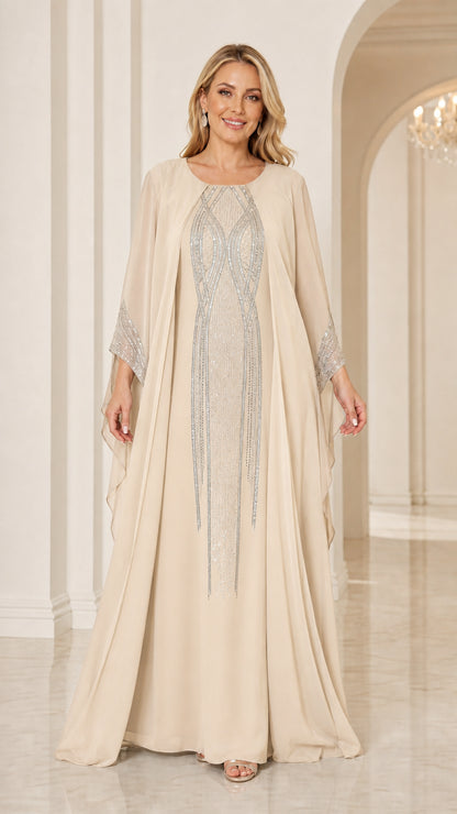 Champagne beige embellished cape evening maxi dress front view