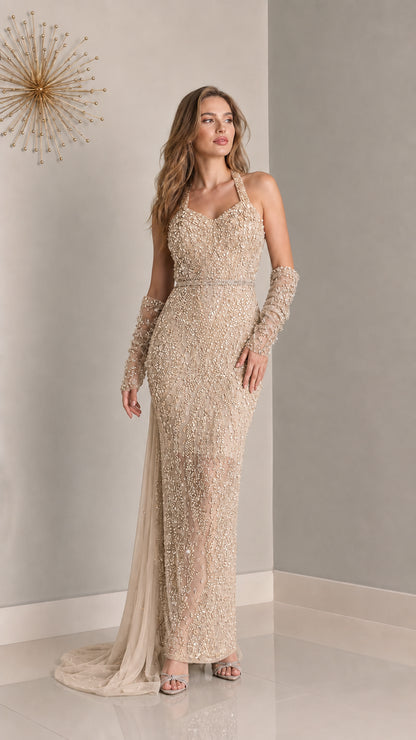 Front view of champagne embellished evening gown