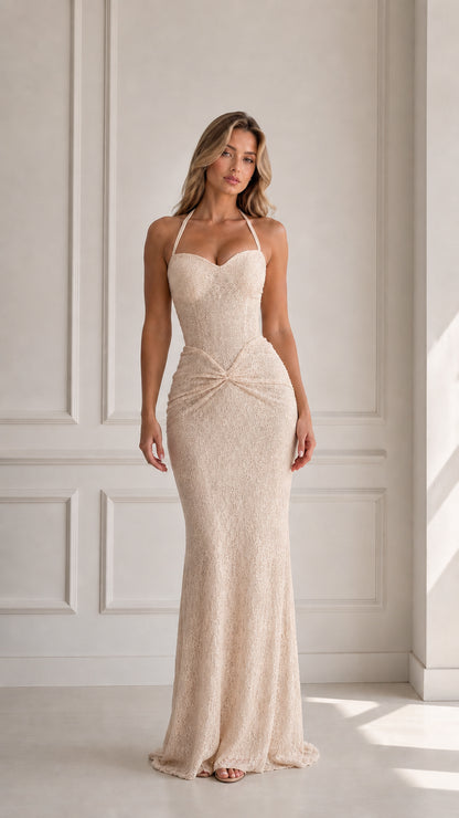 Champagne beige sweetheart halter lace formal gown
