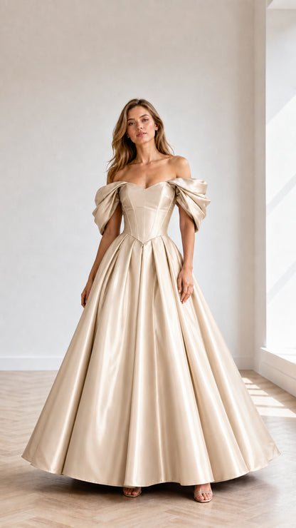 Ivory off-shoulder satin-look ball gown shown from the front