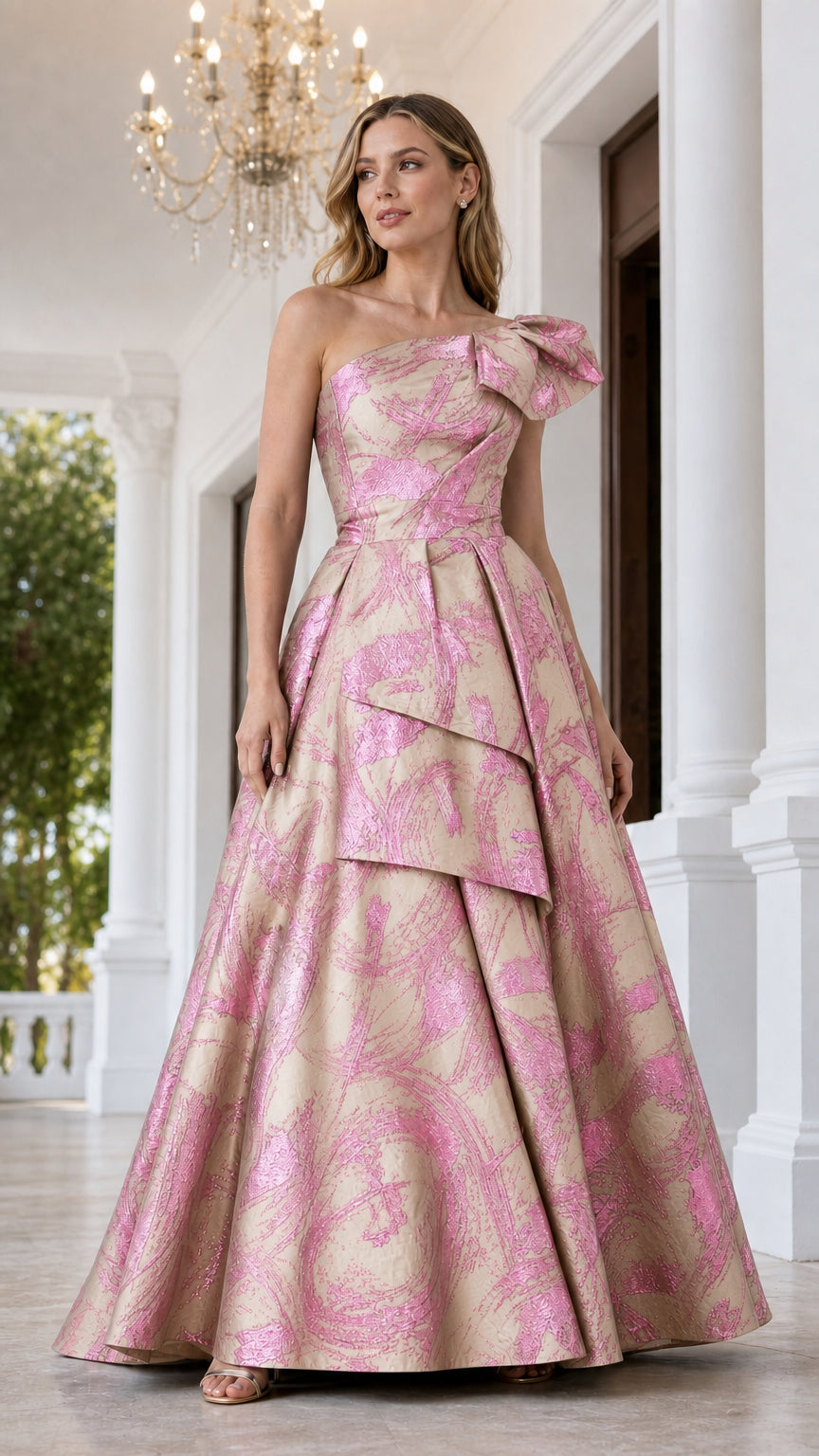 Front view of champagne gold metallic ball gown