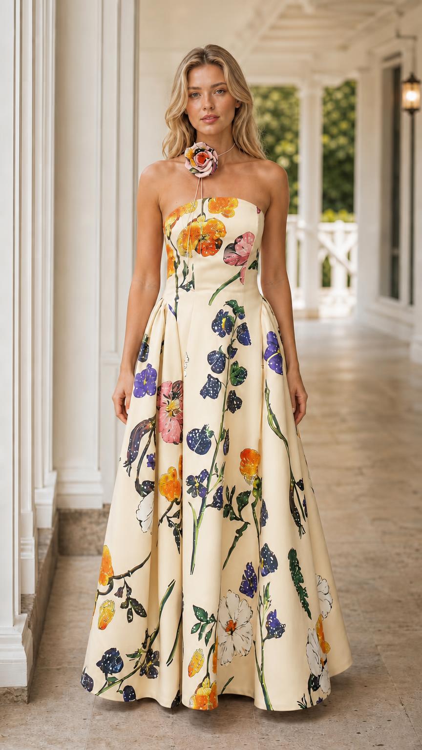 Front view of cream floral strapless maxi dress