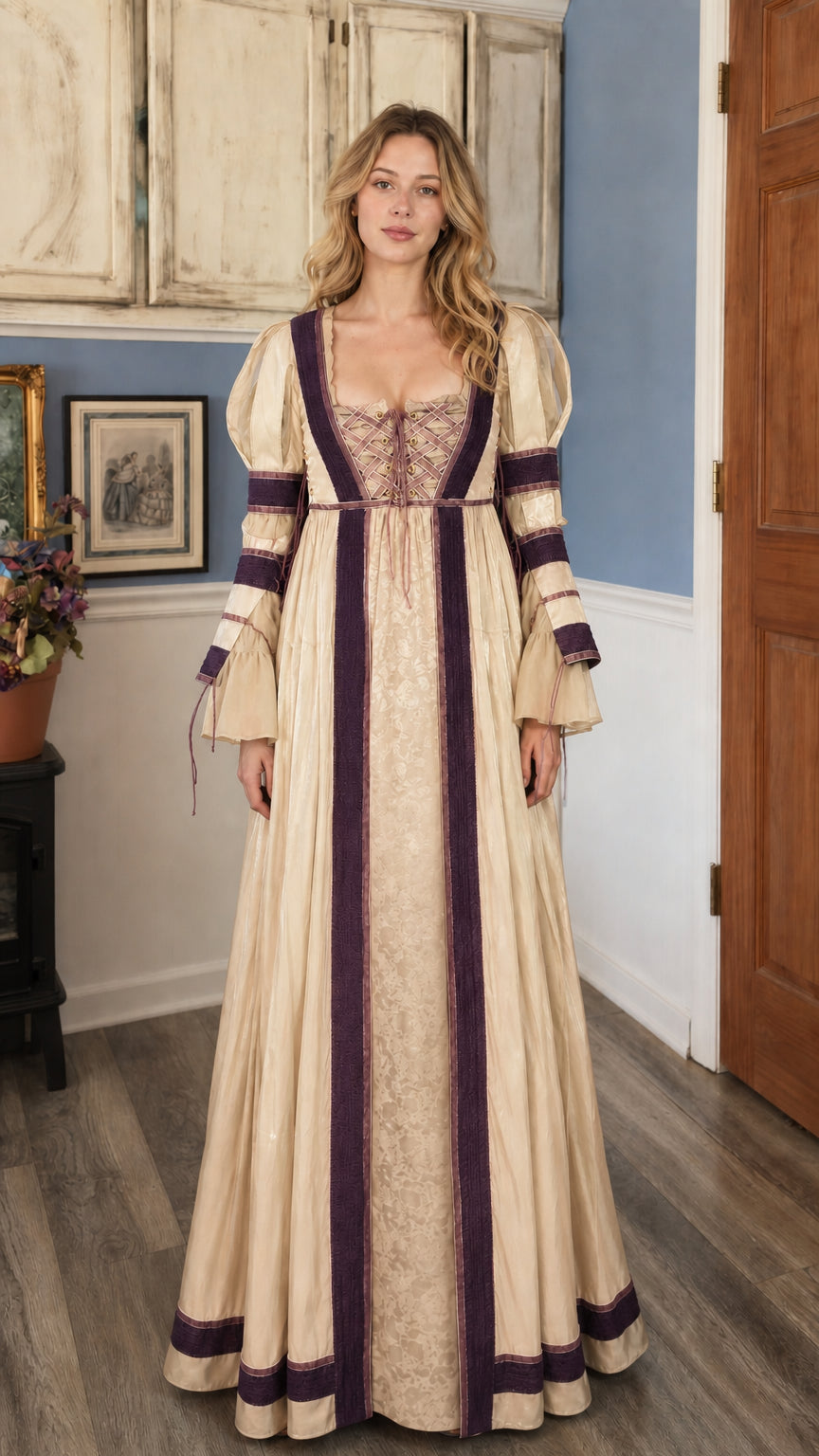 Renaissance Medieval Lace-Up Long Sleeve Maxi Dress in champagne