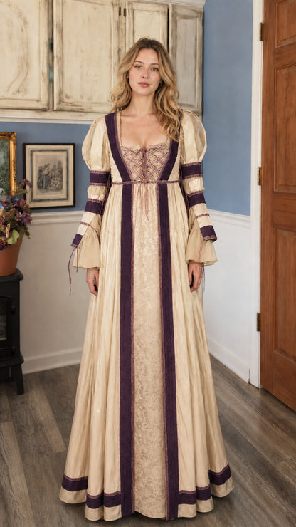 Renaissance Medieval Lace-Up Long Sleeve Maxi Dress in champagne