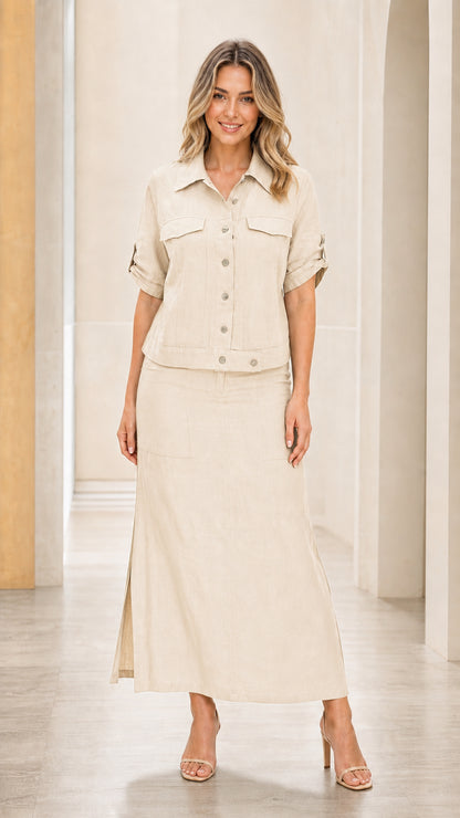 Front view of woman wearing beige two-piece set