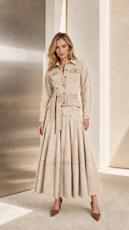 Front view of model wearing Sand beige long sleeve denim maxi shirt dress