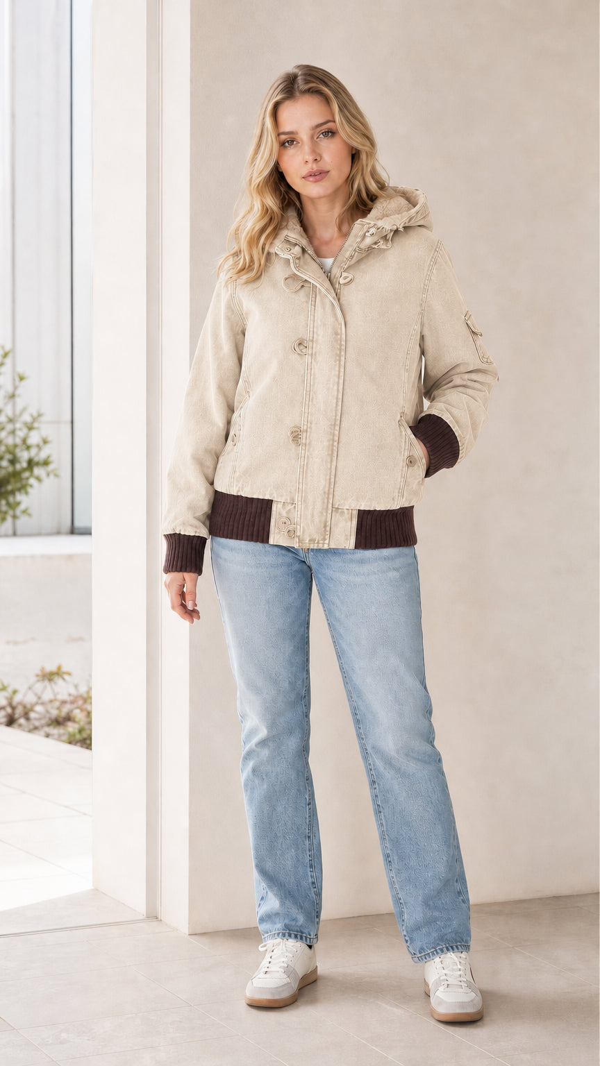 Front full view of the jacket in beige color