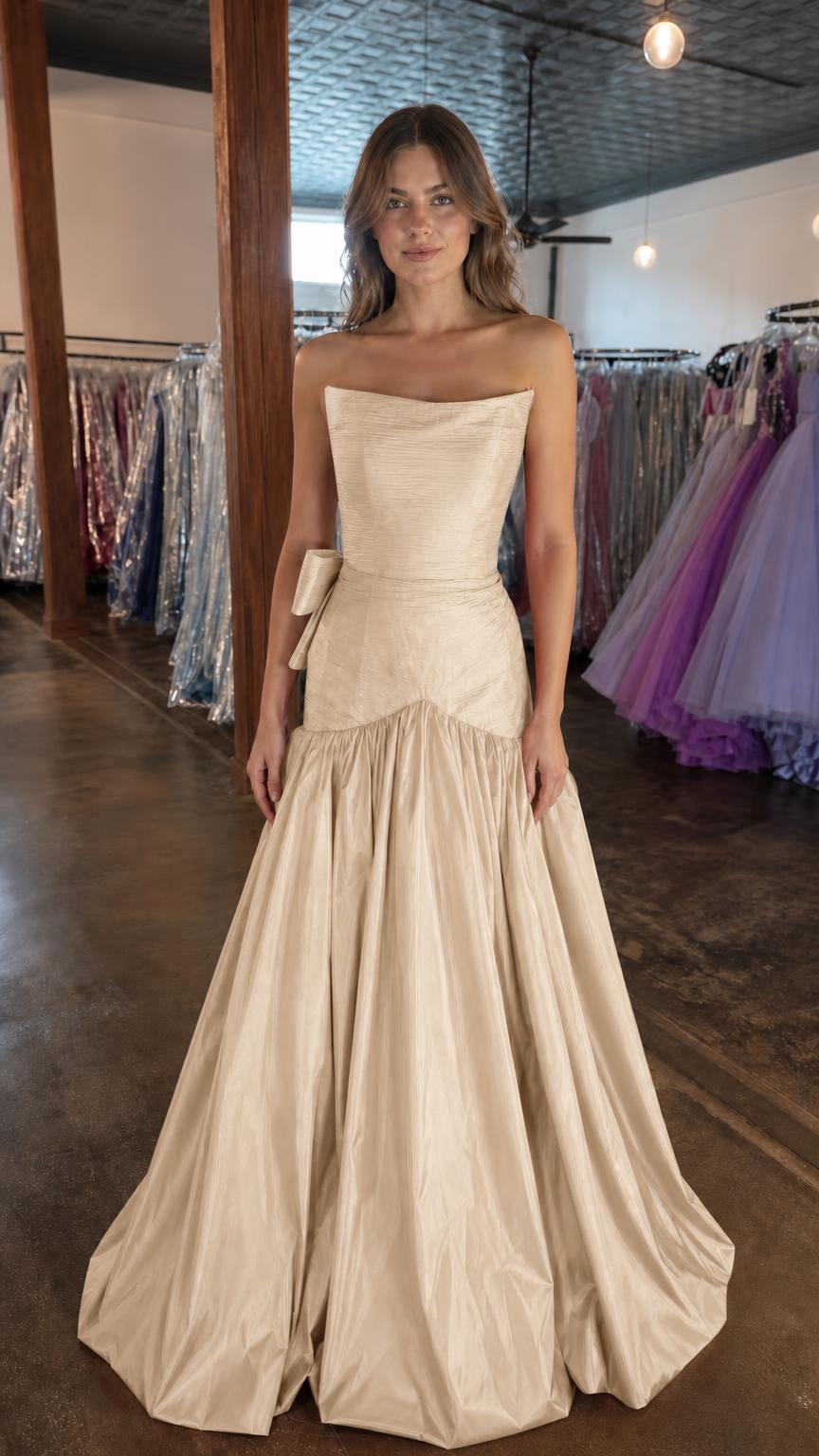 Front view of champagne strapless evening gown