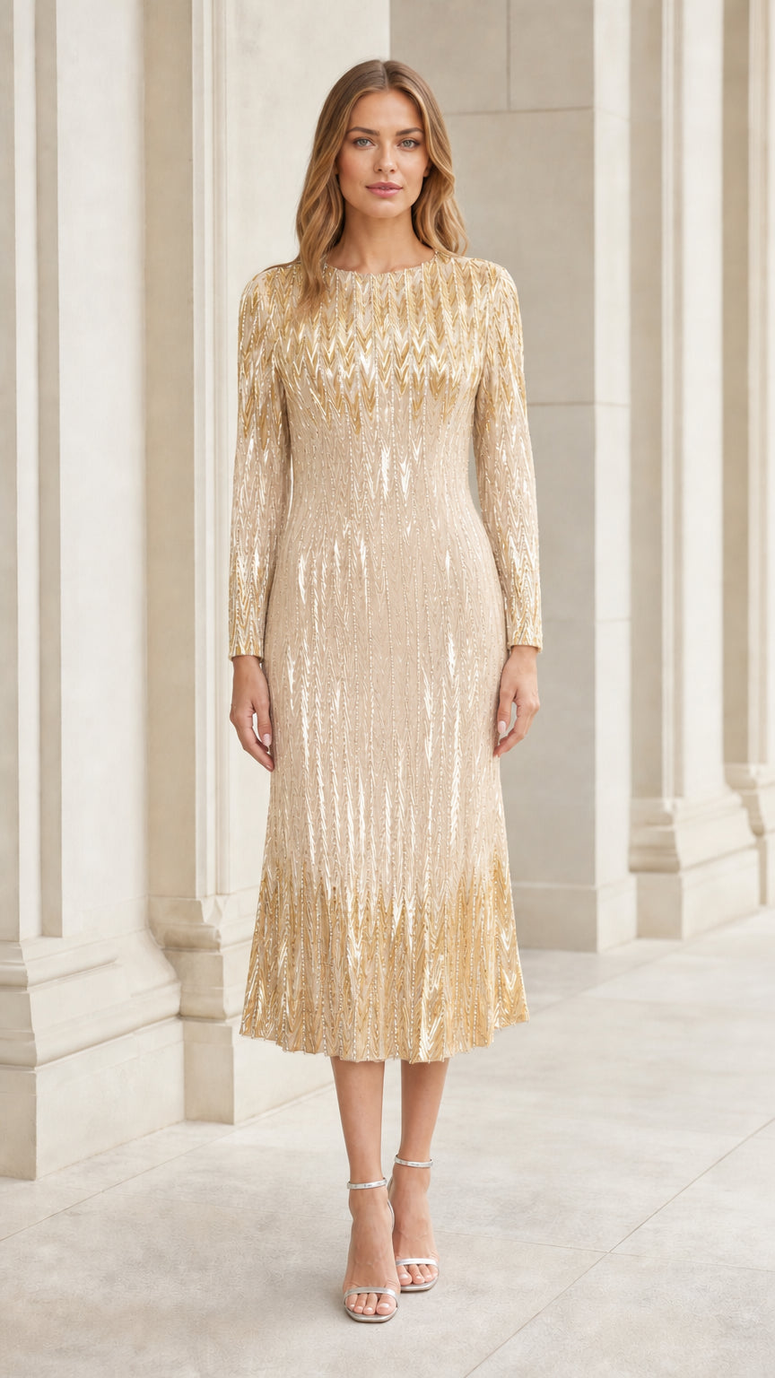 Front view of woman wearing champagne gold sequin chevron long sleeve midi dress