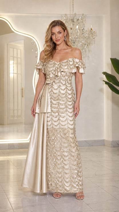 Front view of champagne gold sequin evening gown