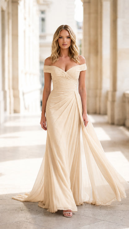 Front view of champagne off-the-shoulder evening gown