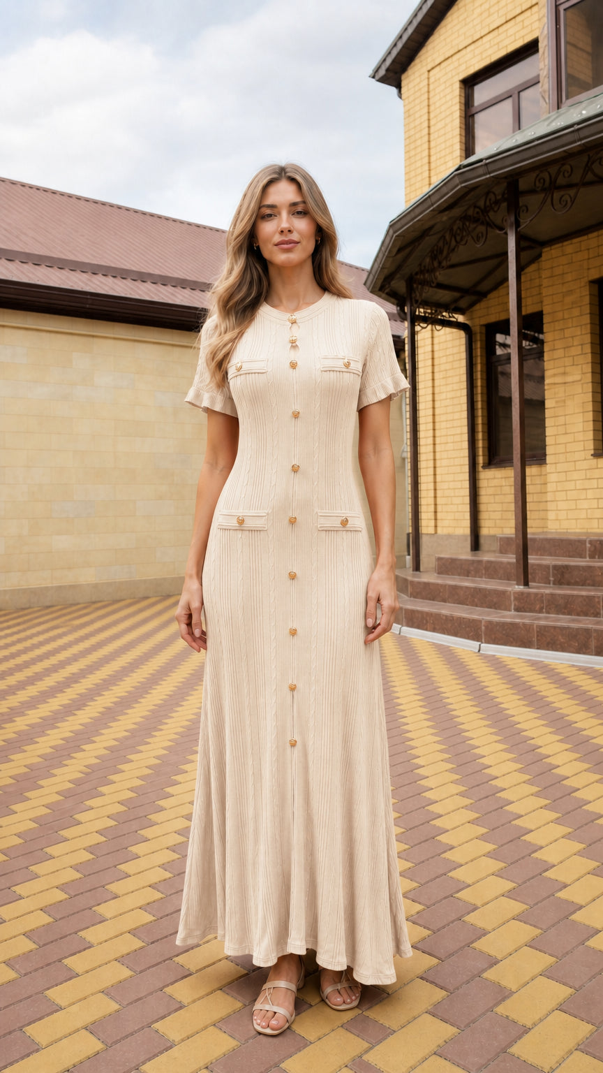 Full-length front view of woman wearing cream beige short sleeve cable knit maxi dress