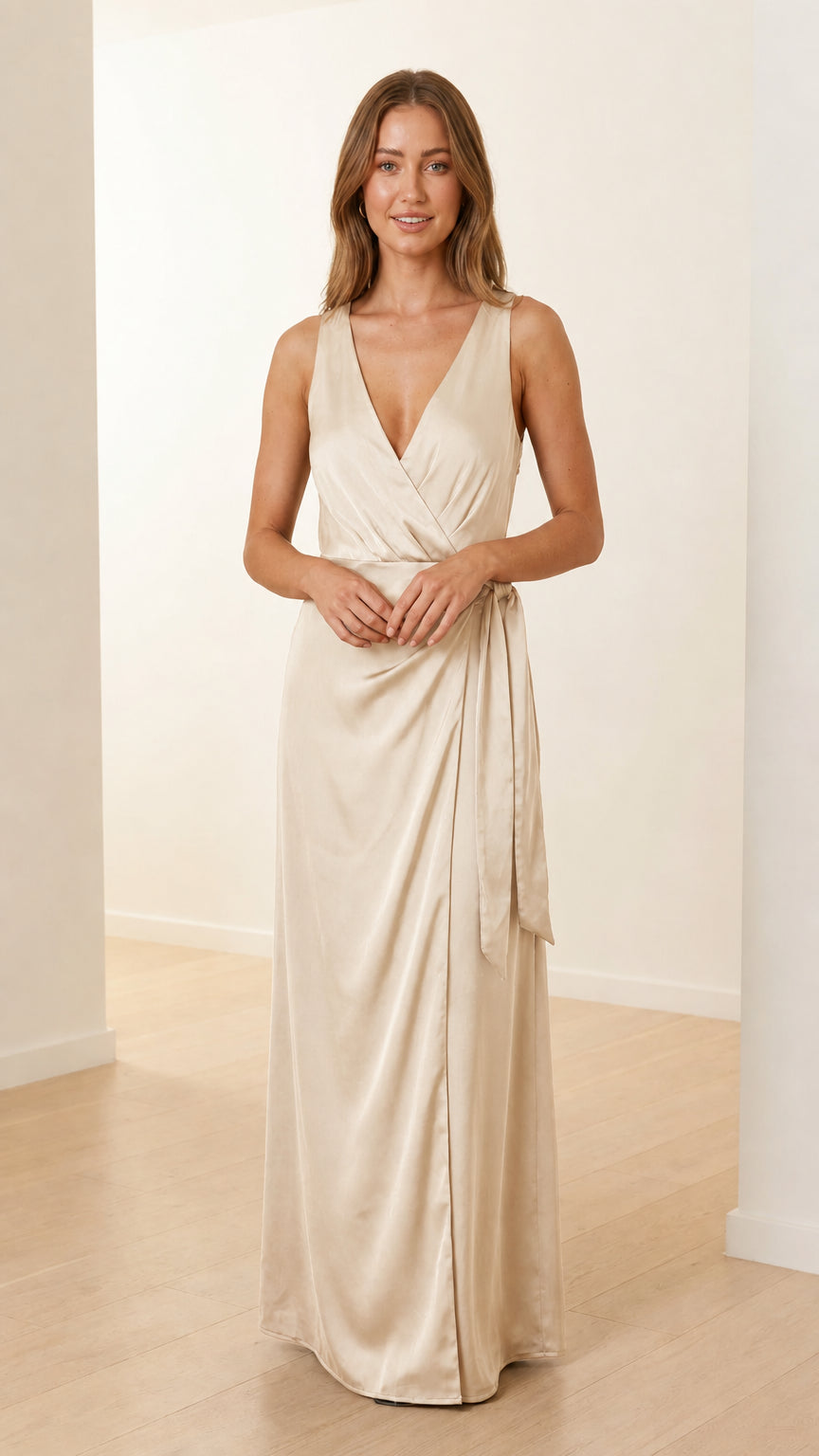 Front view of model in champagne satin maxi dress