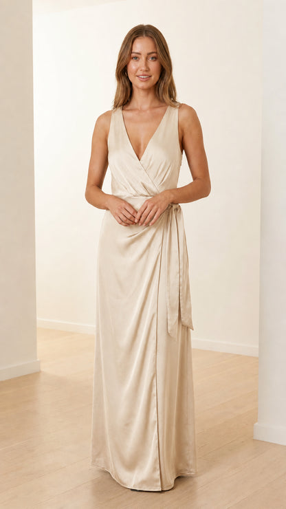 Front view of model in champagne satin maxi dress