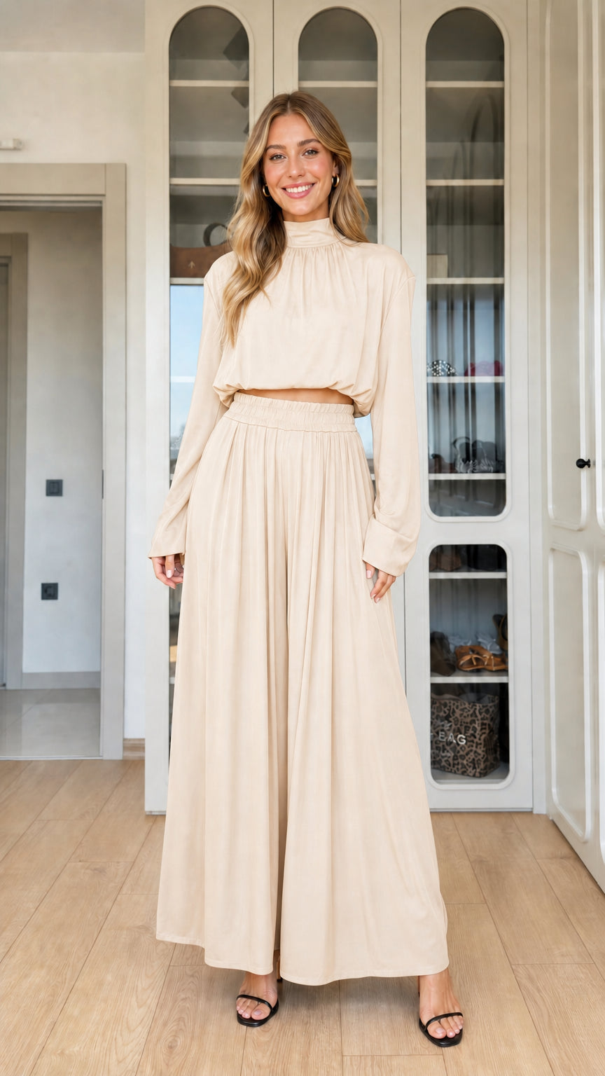 Cream beige mock neck crop top and pleated wide-leg pants two-piece set